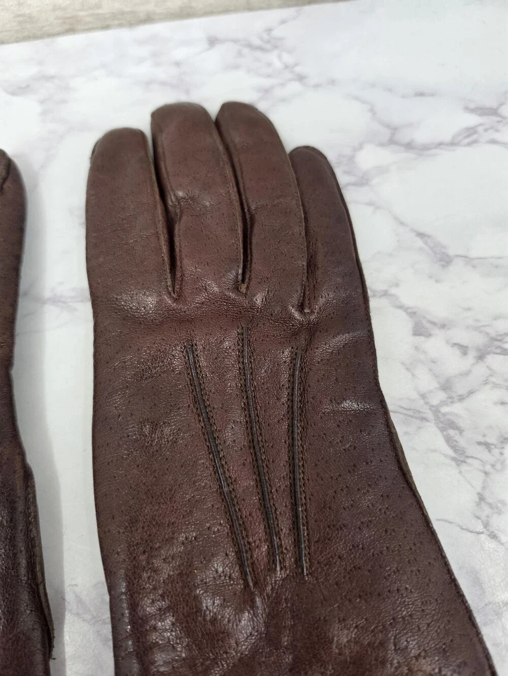 Vintage Brown Leather Gloves with Genuine Fur Lining